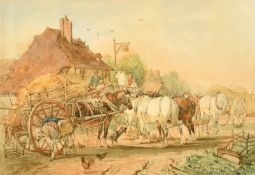 Attributed to James Ward (1769-1859) British, Hay Wagons outside an Inn, watercolour, 8.25