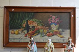 Stanistaw, a still life of flowers in a vase with food and drink on a table, oil on canvas, signed