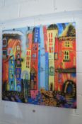A colourful street scene, oil on canvas, unframed.