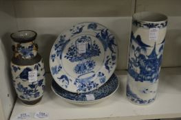 Two Chinese blue and white vases and blue and white dishes.