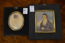 Two late 19th century miniature portraits, watercolour on card, one depicting a lady, the other a