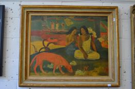 Female Figures Seated Beneath a Tree with a Dog oleograph, in a decorative frame.