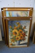 A still life of sunflowers in a vase, oil on canvas and a collection of other oil paintings of