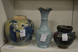 A Chinese crackle glazed ginger jar and two other vases.
