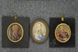 Three portrait miniatures, watercolour on paper and card.