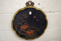 A good Japanese lobe shaped lacquer plaque with incised decoration.