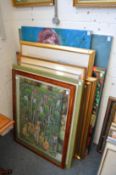 A collection of large paintings and prints, oils etc.