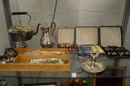 A quantity of plated ware to include kettle on stand, chamber stick etc.