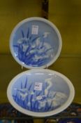 A pair of oriental blue and white plates, decorated with birds.