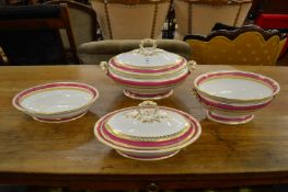 A Davenport porcelain twin handled vegetable dish and cover, together with three matching items.