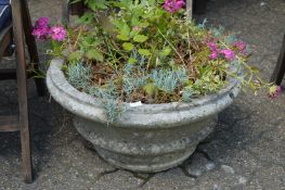 A composite circular garden planter complete with plants.