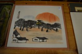 In the manner of Qi Baishi, a painting on paper depicting a landscape scene with buildings and