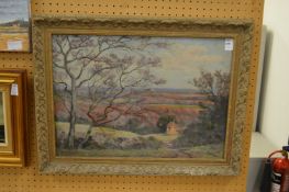 A rural landscape with a path and farm building, oil on board.