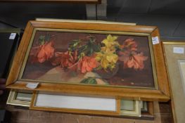 A still life of flowers in a vase, oil on board and three other pictures.