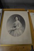 An antique engraving of young Queen Victoria.