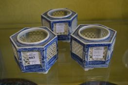 Three blue and white hexagonal shaped porcelain censers.