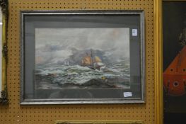 Sailing Ship in a Choppy Sea with Figures Looking Onward watercolour, signed.
