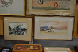 A coastal landscape with a sailing ship watercolour and another watercolour.