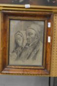 Bust length portraits of a man and a woman, pencil, in a burrwood frame.