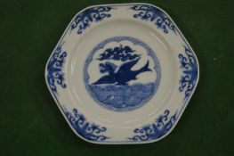 A small Japanese Meiji period blue and white hexagonal porcelain dish.
