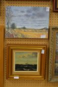 A rural landscape, oil on canvas, unframed and an oil on board of a sailing ship.