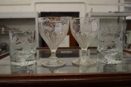 A pair of 19th century cut glass ale glasses engraved with initials, together with a pair of