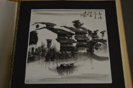 Four various Chinese pictures, unframed.