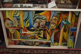 Colourful abstract faces, three dimensional, oil on board, signed.