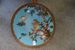 A large Japanese cloisonne circular dish decorated with owls on a branch.