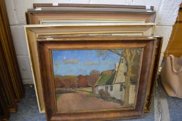 A street scene with buildings, oil on canvas, and various other oil paintings.