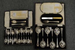 A cased set of six silver soup spoons and various other part sets of silver cutlery.
