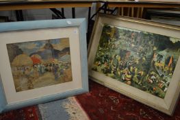 A market scene watercolour and a print after Bruegel.