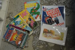 Old comics, reproduction enamel motoring sign and motoring prints.