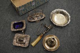 A plated wine funnel and stand and other items.