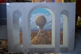 Richard Knights, a crouching figure with a globe on its back seen through an arched window, oil on