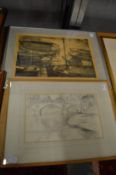 Catherine Sinclair pencil drawings and a lithograph of boats.