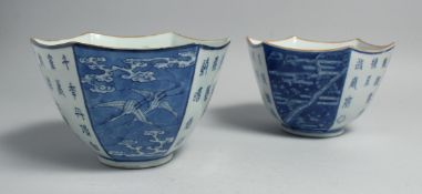 A PAIR OF JAPANESE BLUE AND WHITE ARITA PORCELAIN HEXAGONAL FORM BOWLS, painted with panels of