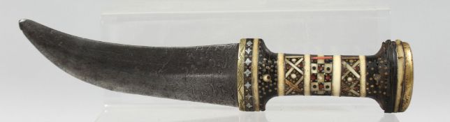A 19TH CENTURY OTTOMAN SYRIAN BONE INLAID DAGGER, the blade with inscription, 27cm long.