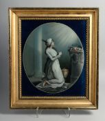 'TEMPLE OF THE SUN': A 19TH CENTURY FRAMED REVERSE GLASS PAINTING, depicting a kneeling figure in