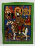 A FRAMED PERSIAN REVERSE GLASS PAINTING, depicting a figure on horseback surrounded with various