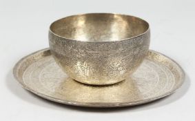 A PERSIAN QAJAR WHITE METAL BOWL AND DISH, each with engraved figural decoration, bowl 11.5cm