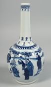 A CHINESE BLUE AND WHITE PORCELAIN BOTTLE VASE decorated with figures in an outdoor setting, the