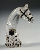 A INDIAN ROCK CRYSTAL HORSE FORMED DAGGER HANDLE, onlaid with wire work and semi precious stones,
