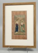 A PERSIAN SAFAVID MINIATURE PAINTING ON PAPER, depicting two figures with a floral border, framed