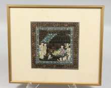 A SMALL FRAMED ISLAMIC PAINTING ON CLOTH, depicting a busy scene with figures, framed and glazed,