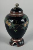 A VERY FINE JAPANESE CLOISONNE MINIATURE LIDDED PEDESTAL VASE, the body finely decorated with