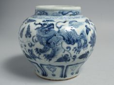 A CHINESE BLUE AND WHITE PORCELAIN JAR, decorated with beasts and flora, 15.5cm high.