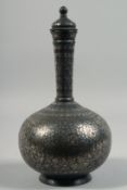 A FINE 19TH CENTURY INDIAN BIDRI SILVER INLAID LIDDED SURAHI BOTTLE, silver inlaid with decorative