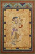 A PERSIAN PAINTED MINIATURE ON PAPER, the border with bands of calligraphy and fine gilt foliate