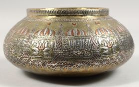 A FINE LARGE 19TH CENTURY SYRIAN DAMASCUS SILVER AND COPPER INLAID BRASS BOWL, decorated with mosque